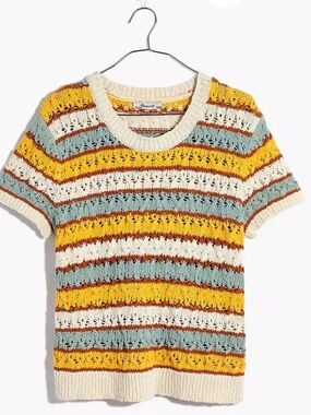 Madewell Cream Sweater with Yellow, Blue and Rust Stripes